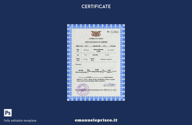 modello PSD del certificato di nascita del documento di stato civile dello Yemen